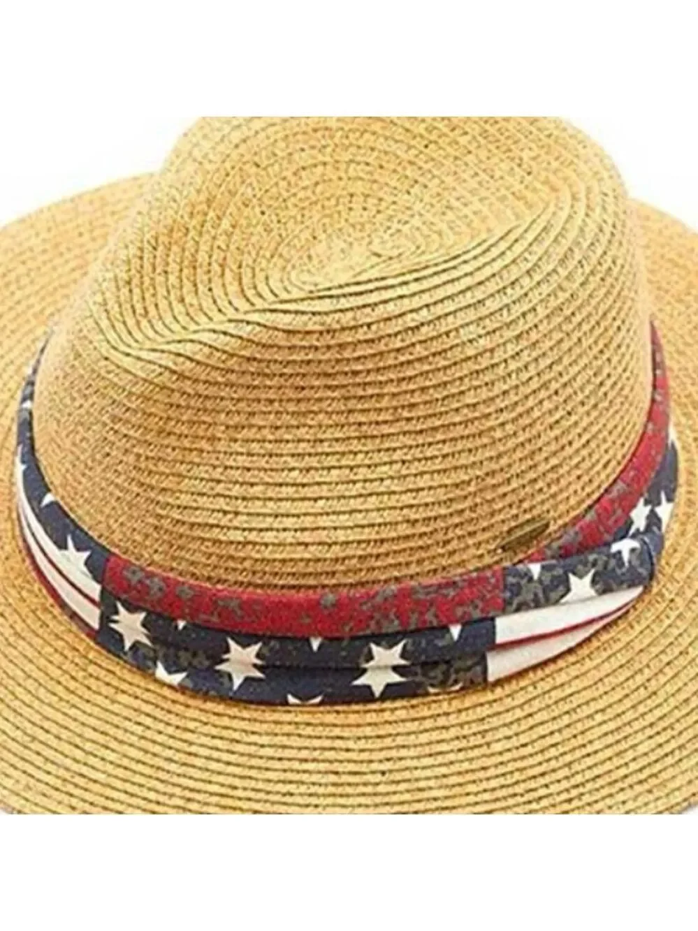 Paper Straw Wide Brim Floppy Sun Hat Beige with Red, White and. Blue NEW